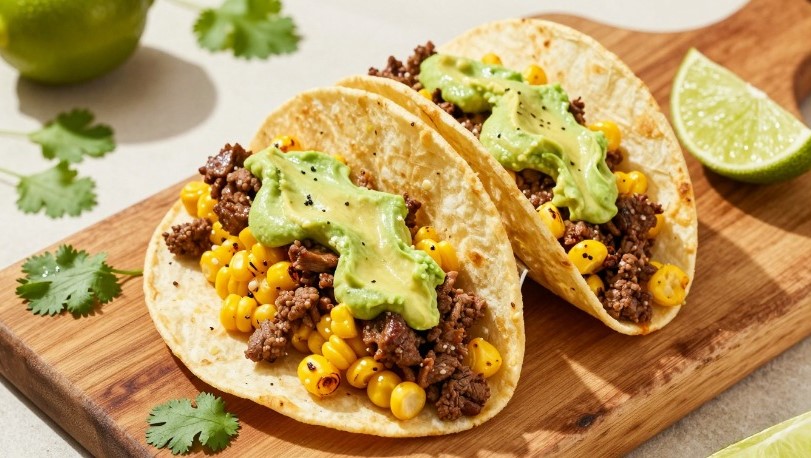 Bunte Regenbogen-Tacos mit Avocado-Limetten-Creme