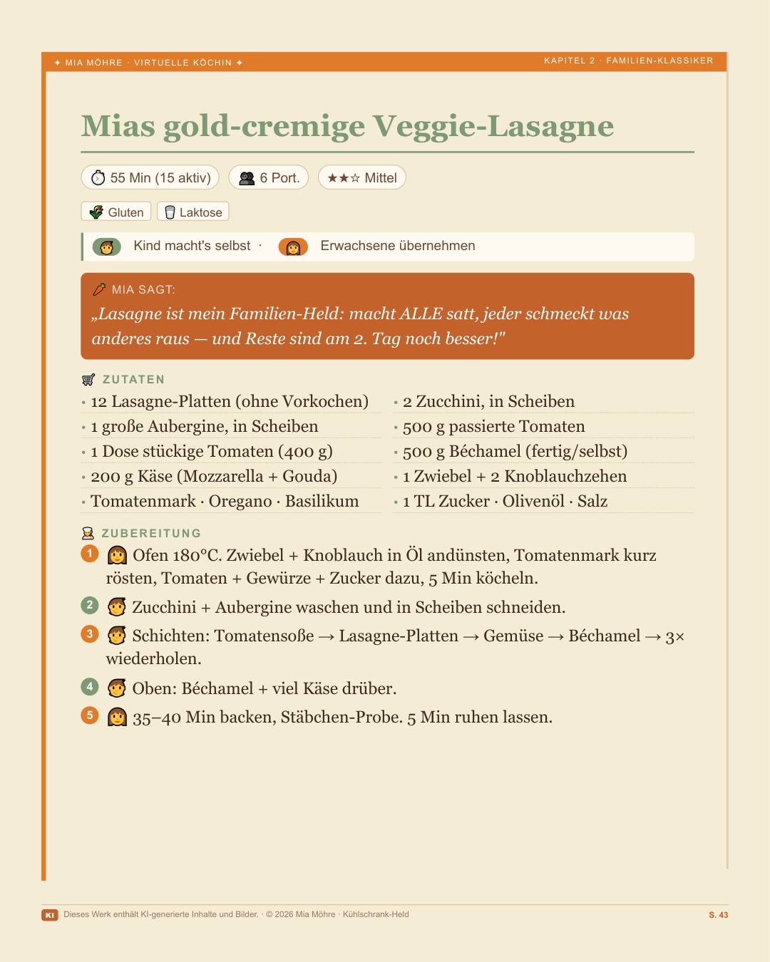 Rezeptseite — Mias gold-cremige Veggie-Lasagne, Kategorie Familien-Klassiker