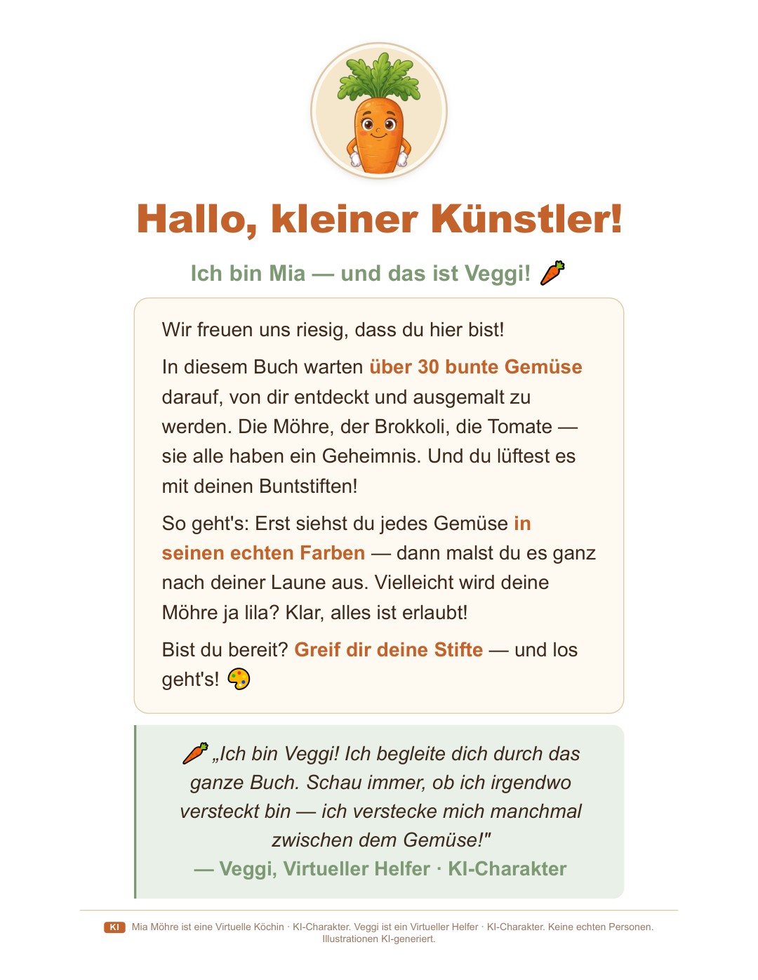 Buchseite — Begrüßung von Mia Möhre und Veggi
