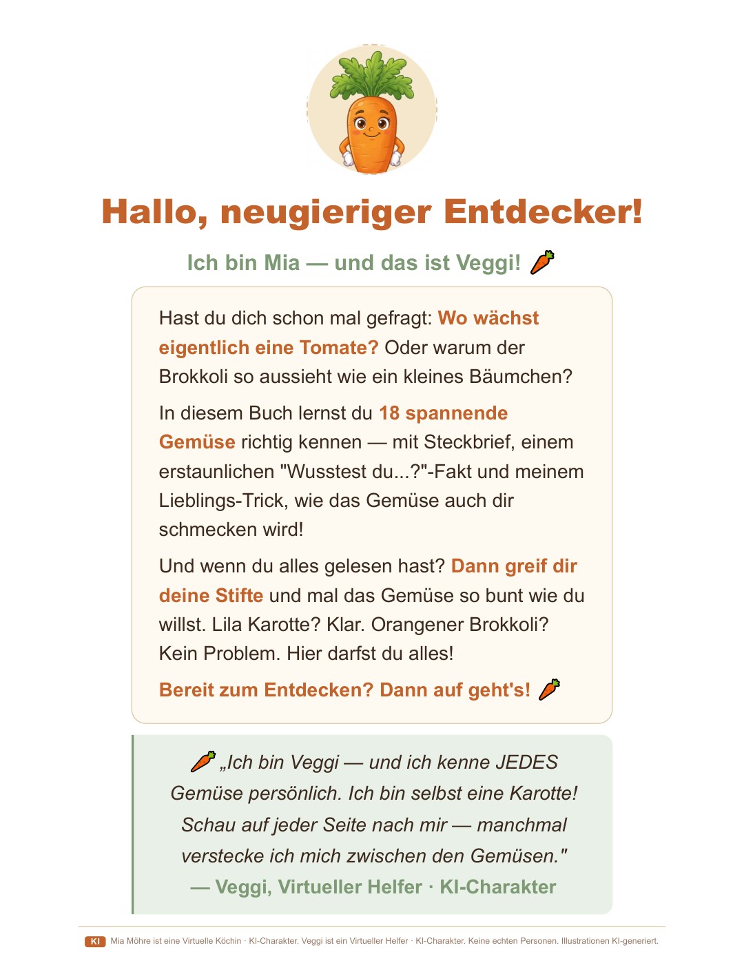 Buchseite — Begrüßung von Mia Möhre und Veggi