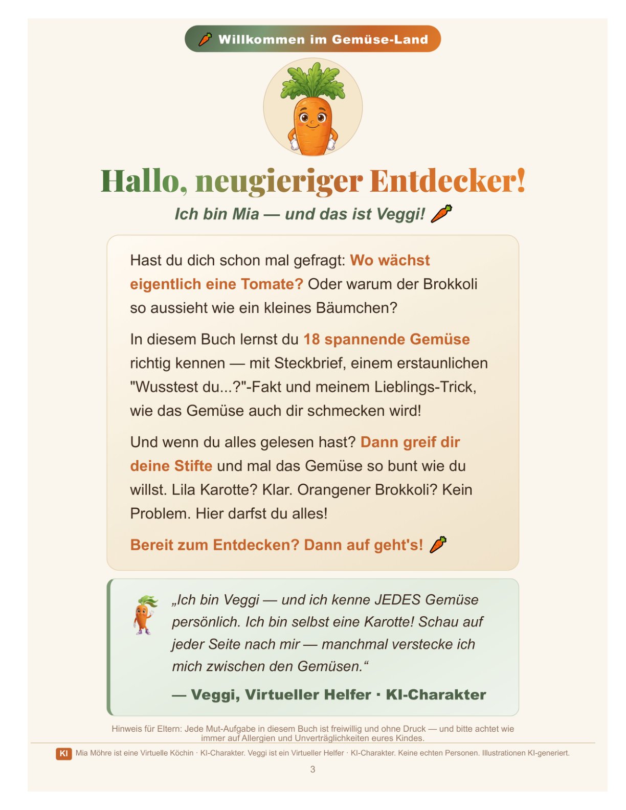 Hallo, neugieriger Entdecker! — Veggi begrüßt dein Kind